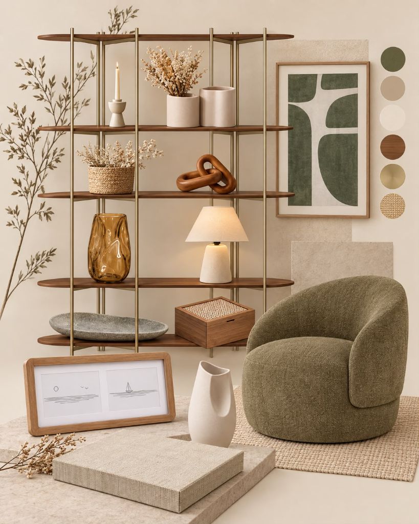 Ambiente decorado em tons neutros com estante de madeira e dourado, poltrona verde-oliva, vasos, luminária e quadros